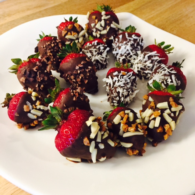 Chocolate Dipped Strawberries with Almonds and Buttercrunch, Sea Salt Cocao Nibs and Coconut