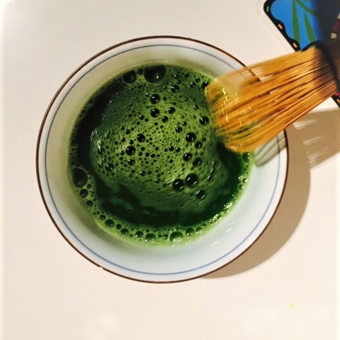 Traditionally Matcha is whisked in a bowl with hot water and a bamboo whisk. 